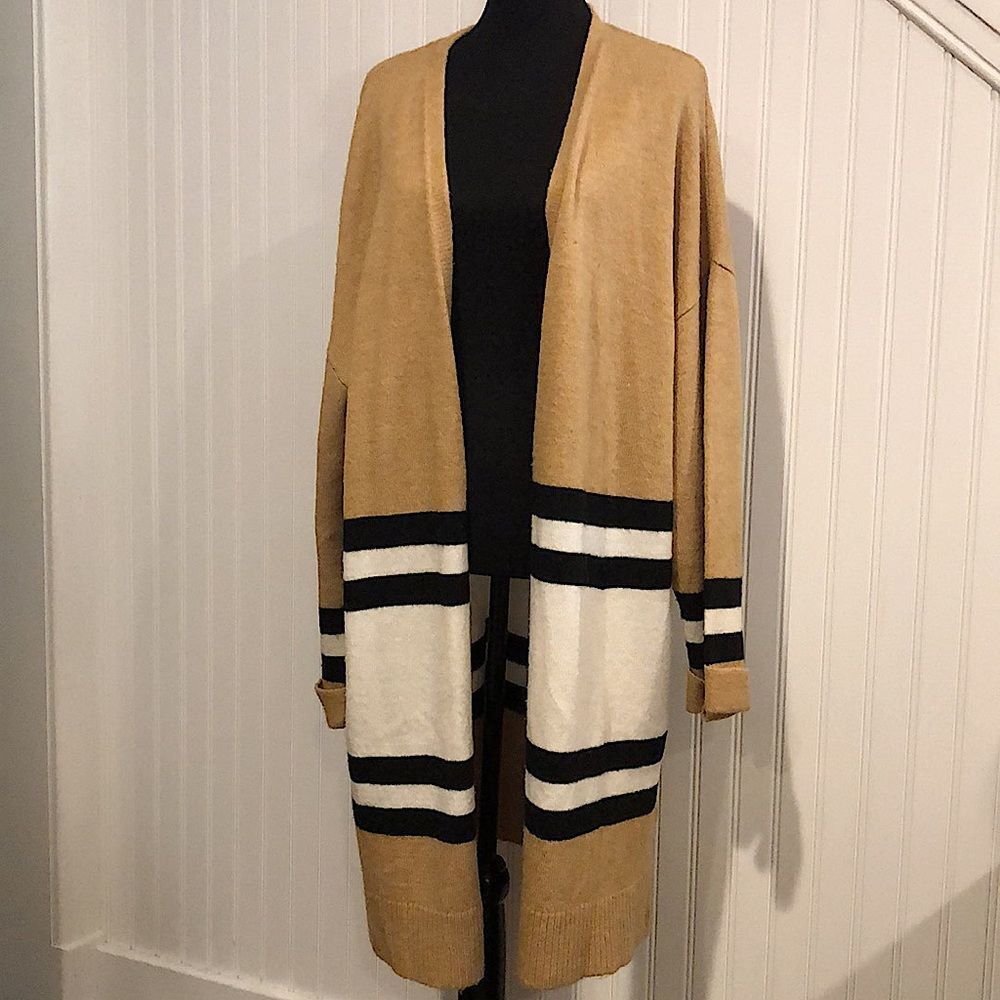 TOPSHOP Women’s Camel Ivory Black Stripes Open Cardigan Sweater Size 10